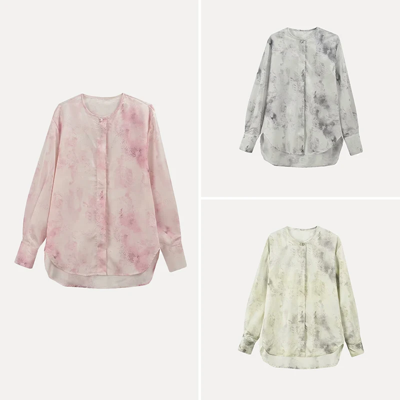 

Spring 2025 Women's Casual Loose Fit Long Sve Printed irt adient Dyeing Design Casual Sle Polyester Fiber 00%