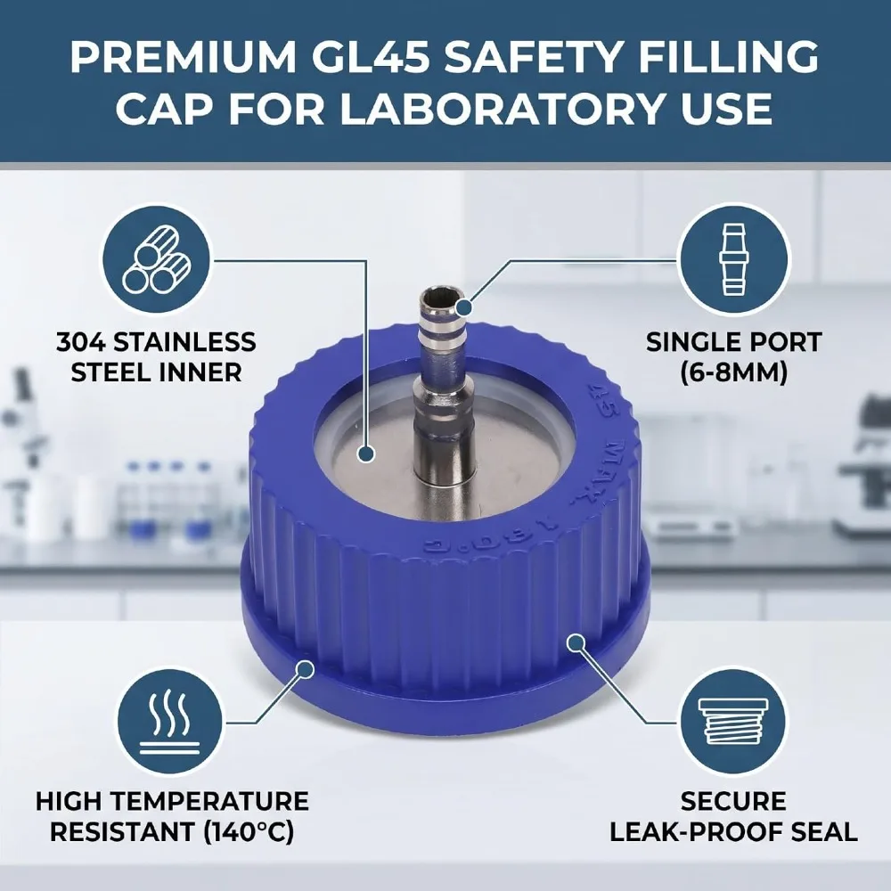 304 Stainless Steel + Plastic Safety Feeding Cap GL45 Thread 1 Port Reagent Bottle Cap Middle Solvent Storage Cap for GL45