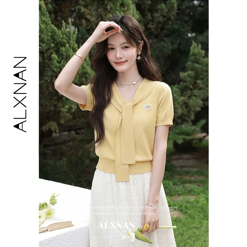 

ALXNAN Yellow Knitted Short Sleeve T-shirt with Sailor Collar Bow Ribbon Casual T-shirts Women 2026 Summer Elegant Tops L638112