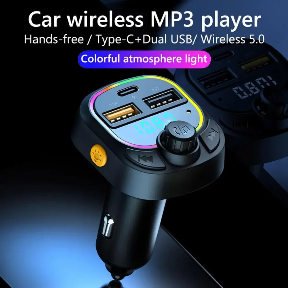 

Автомобильное зарядное устройство Bluetooth 5.0 FM-передатчик PD Type-C с двумя USB-портами, окружающий плеер, MP3-зарядное устройство Type-C, беспроводная подсветка, громкая связь