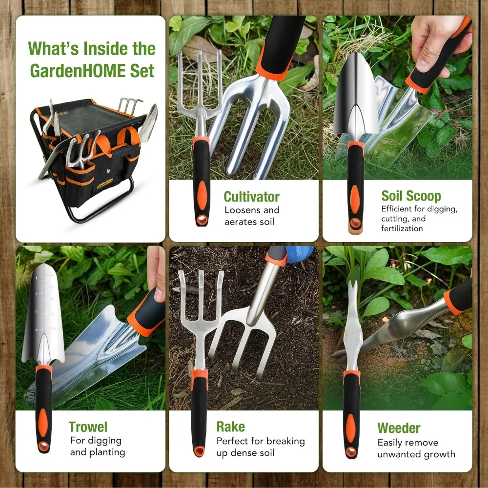 مجموعة أدوات حديقة من الفولاذ المقاوم للصدأ مكونة من 7 قطع مع مقعد قابل للطي وحقيبة حمل - مجموعة أدوات البستنة العملية للرجال والعمل في الفناء بنفسك