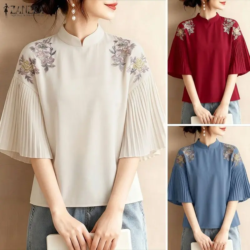 

2026 ZANZEA Summer Floral Printed Blouse Stylish Women Tops Elegant Short Sleeve Stand Neck Pleated Work Shirt Holiday Blusas