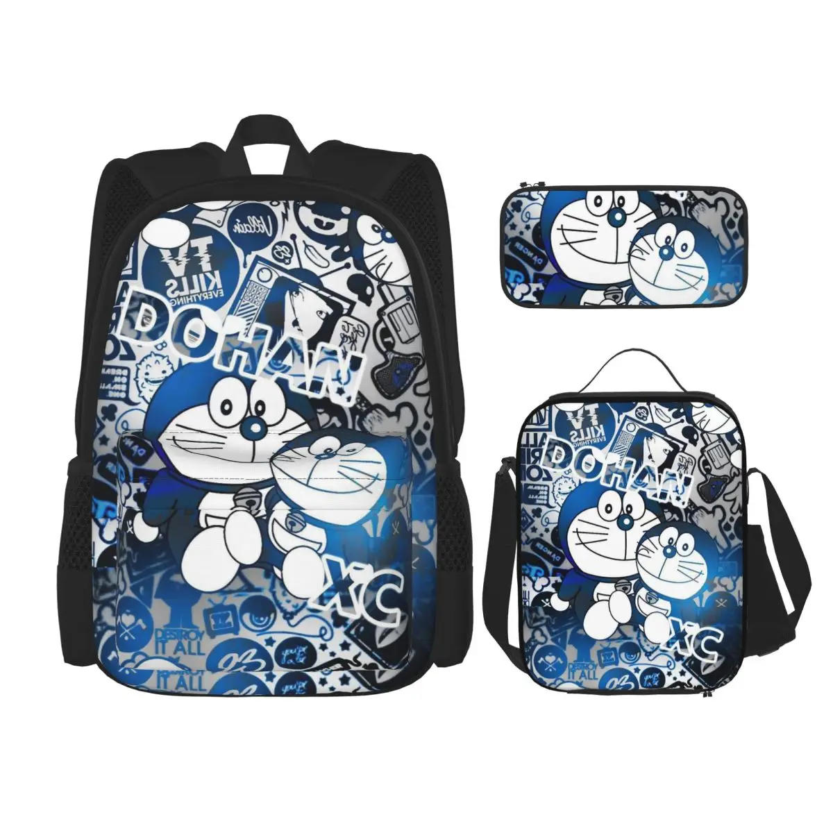 

3pecs/set D-Doraemons Backpack for Student Kawaii Cute High School Canvas Bags Lunch bag Pencil Case