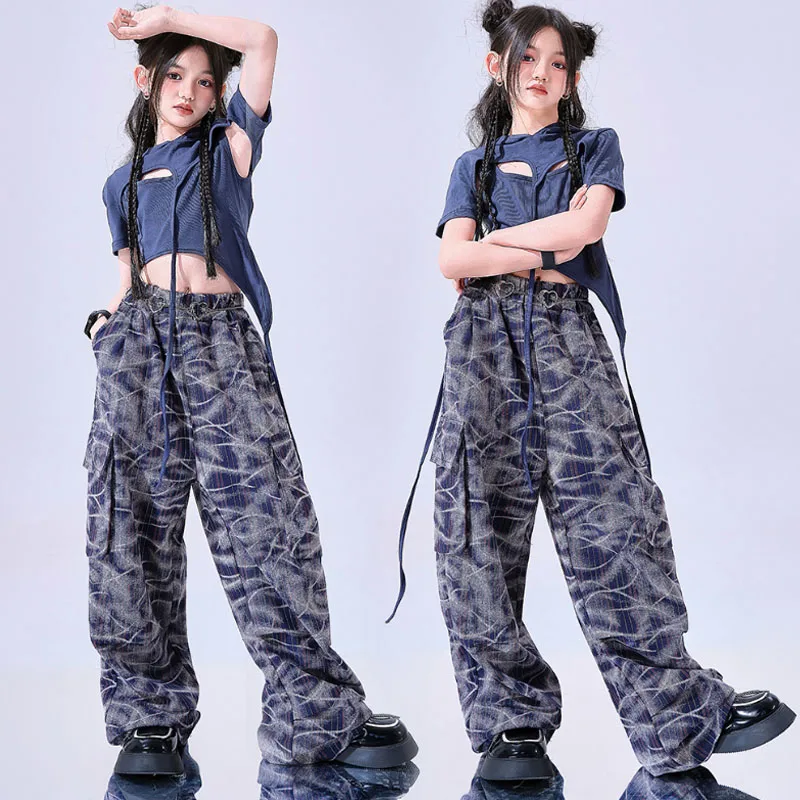 Meninas k-pop colheita topo impressão joggers calças menina grupo conjuntos de roupas crianças jazz trajes de dança de rua crianças hip hop streetwear