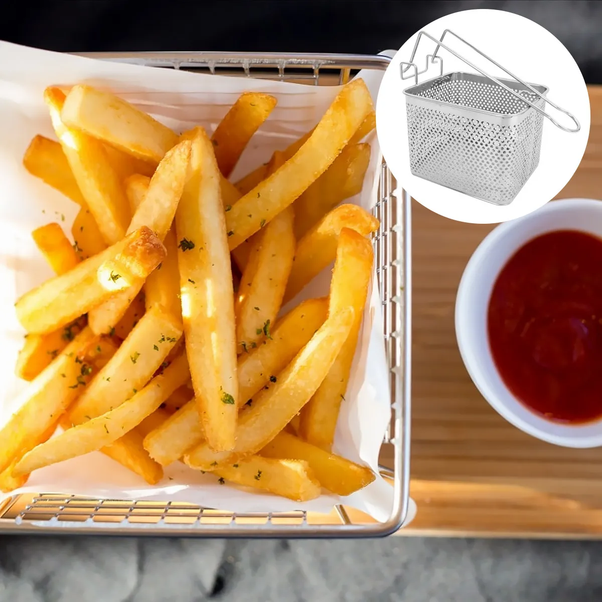 Premium Stainless Steel Frying Basket Square Mesh Drain Basket for Deep Frying Chips Vegetables Snacks Easy Clean Reusable Fry
