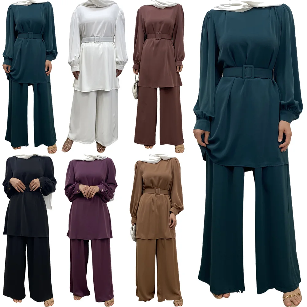 

2 Piece Matching Sets Muslim Casual Abaya Women Tops Blouse Wide Leg Pants Suit Turkey Dubai Arab Islam Dress Eid Kaftan Outfits