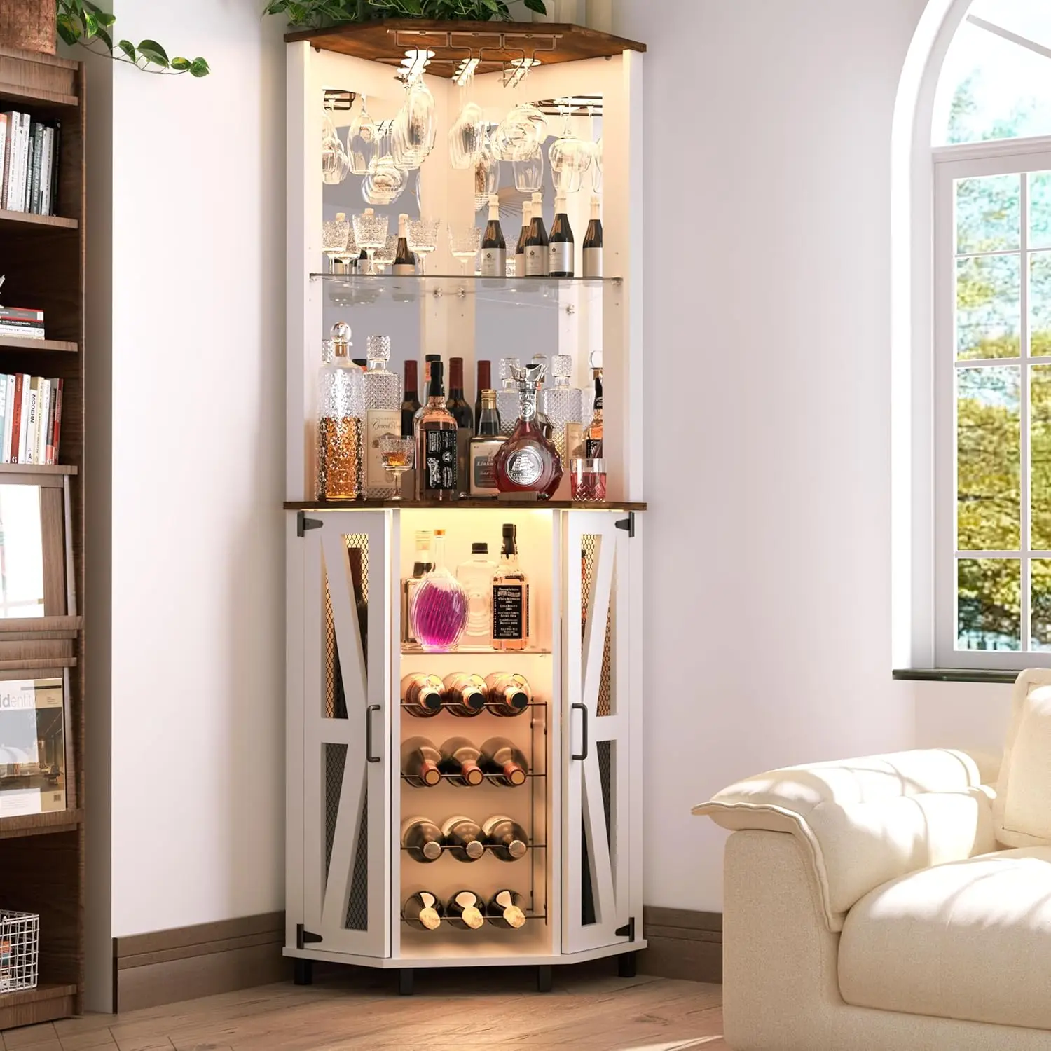 68.9“ Tall Corner Bar Cabinet, Wine Bar with LED Light and Mirror, Farmhouse Liquor Cabinet with Adjustable Shelf, Customized