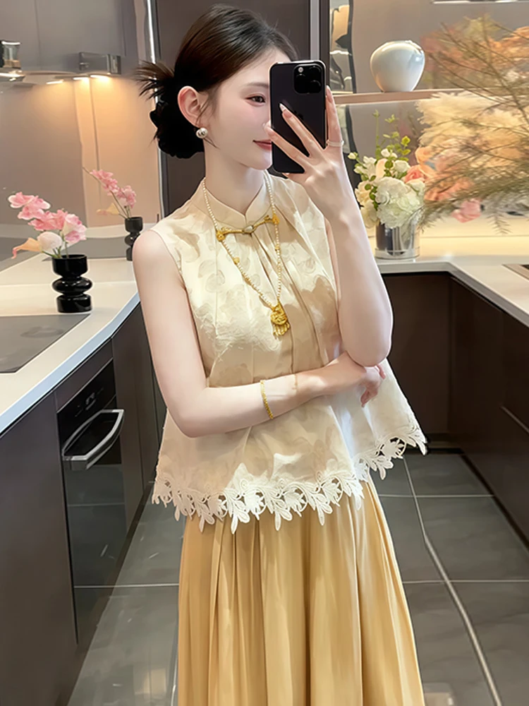 Ele Stand Kraag Button up Svel Vest Dames Zomer Nieuwe Losse Afslankende Ontwerp Bloemen Top Faionable Vrijetijdskleding