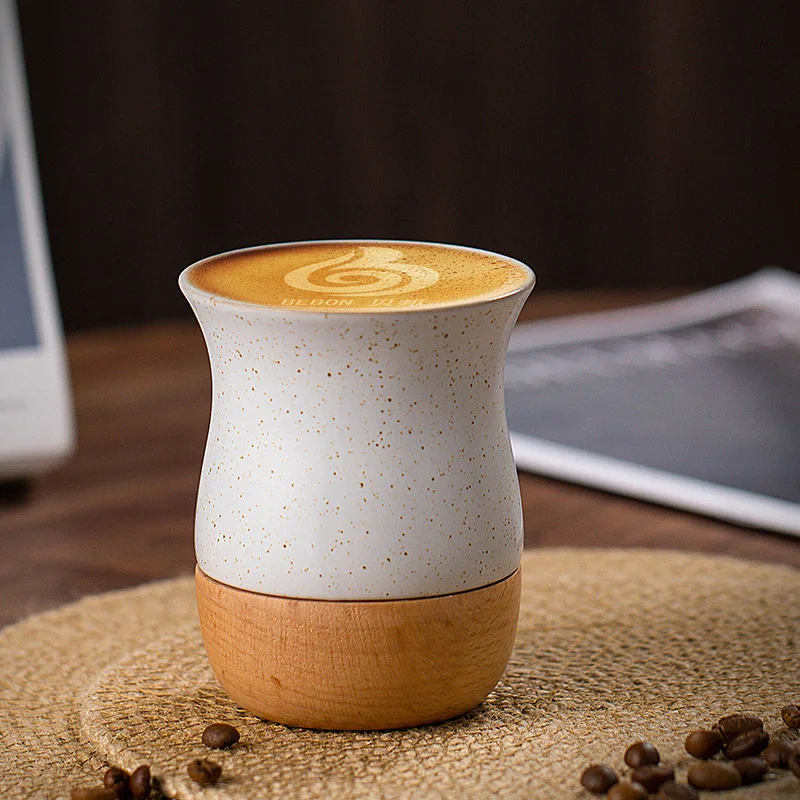 Two-color Spotted Ceramic Cup Espresso Coffee Cup Retro Coarse Pottery Mug Wood Base Modern Kitchen and Office Cups 260ML