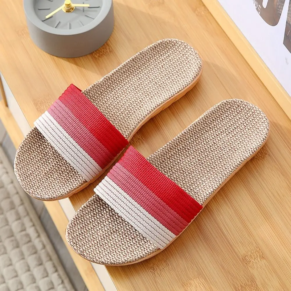 Casual Non-Slip Linen Indoor Slippers Soft Flax Men Slippers Stripe Sandals Women Slippers Home