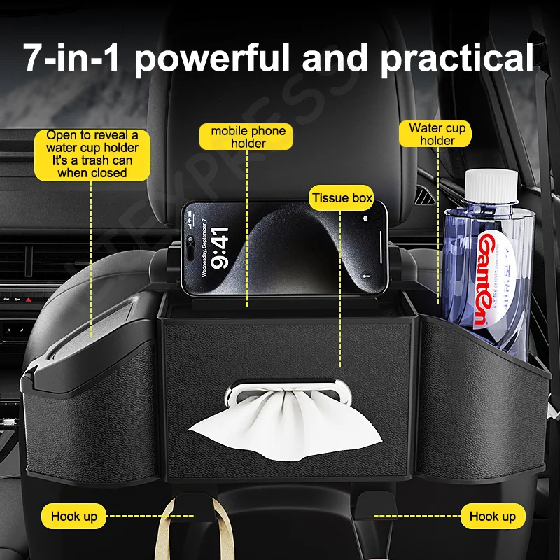 

Non-slip ABS Car Backseat Organizer with Cup Holder, Hanging Style Storage Box with Built-in Tissue Dispenser