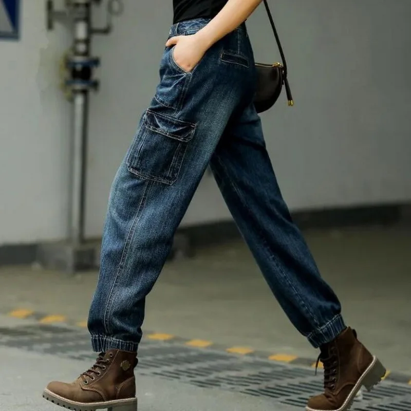 High Waisted Jeans Women,Loose Baggy Pants Elastic Waist Straight Leg Dad Denim Trousers