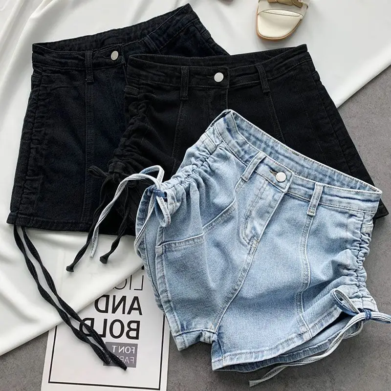 

Корейские джинсовые шорты на шнурке с эффектом похудения для женщин, модель 2025 года, с высокой талией, эластичные, новинка
