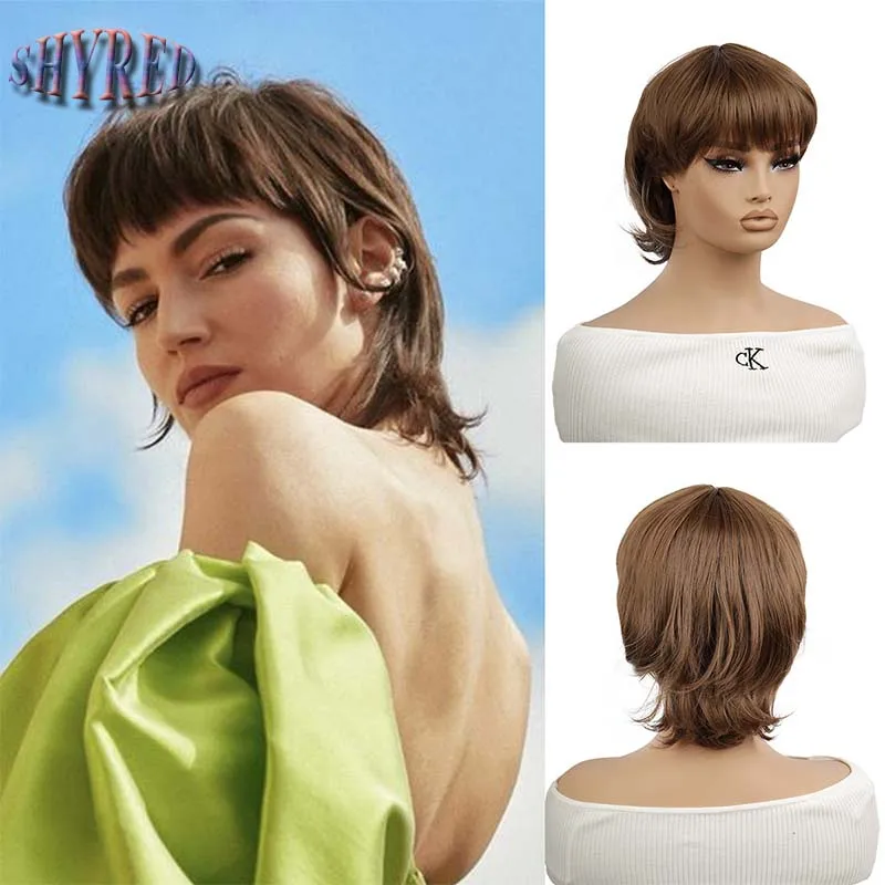 

Synthetic Cosplay Wig Mullet Head Wig Brown High Quality Wig For Women Short Straight Wolf Tail Fake