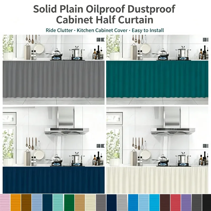 1Pc Solid Plain Oilproof Dustproof Cabinet Half Curtain Cupboard Cover Slide Rail Pull Curtain For Hiding Clutter Kitchen Decor