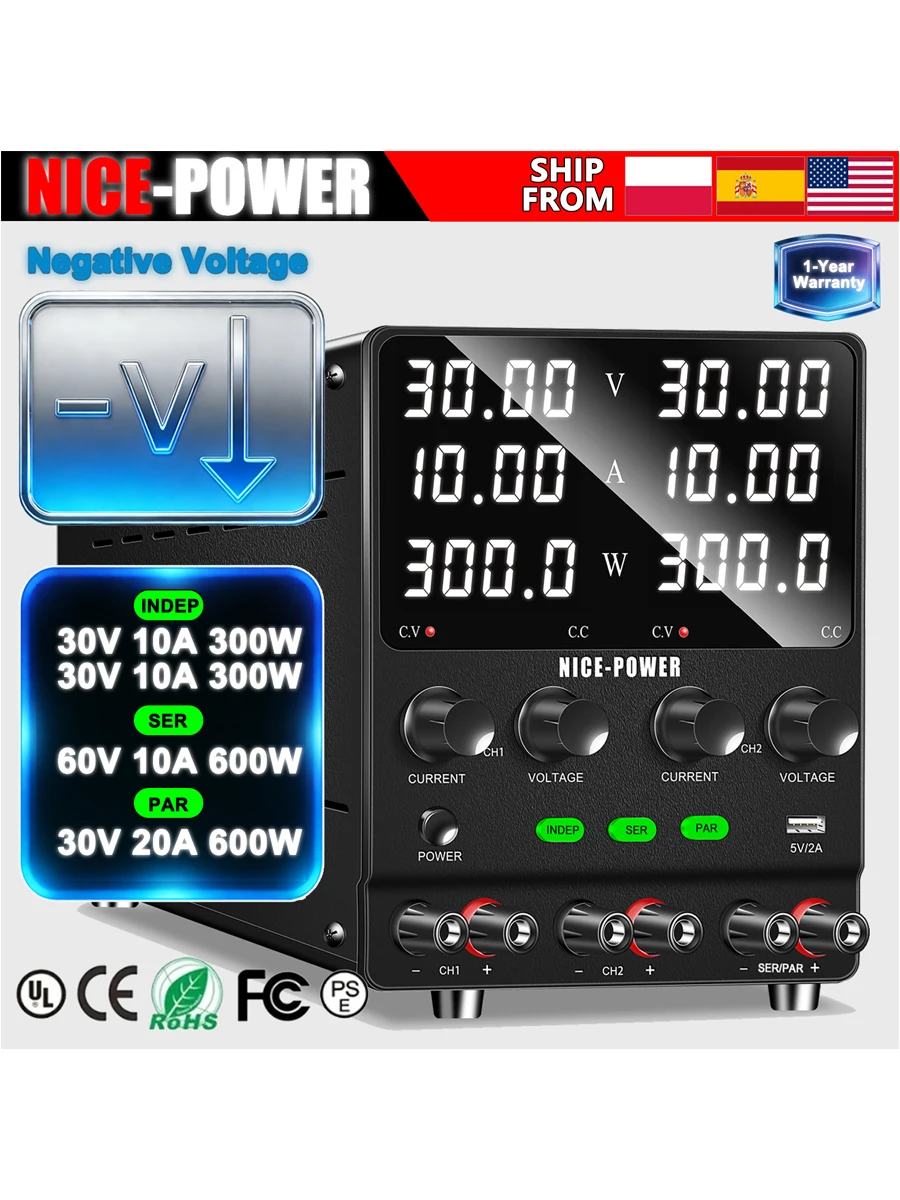 NICE-POWER Multi-kanaals DC-voeding Variabel 0-240V 0-20A Bench-voeding, dubbele onafhankelijke uitgang, serie en parallel - afbeelding 2