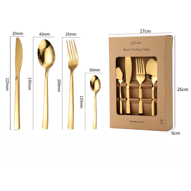 Stainless Steel Tableware Set 16-piece Set Kraft Paper Box Square Handle Titanium-plated Stainless Steel Tableware