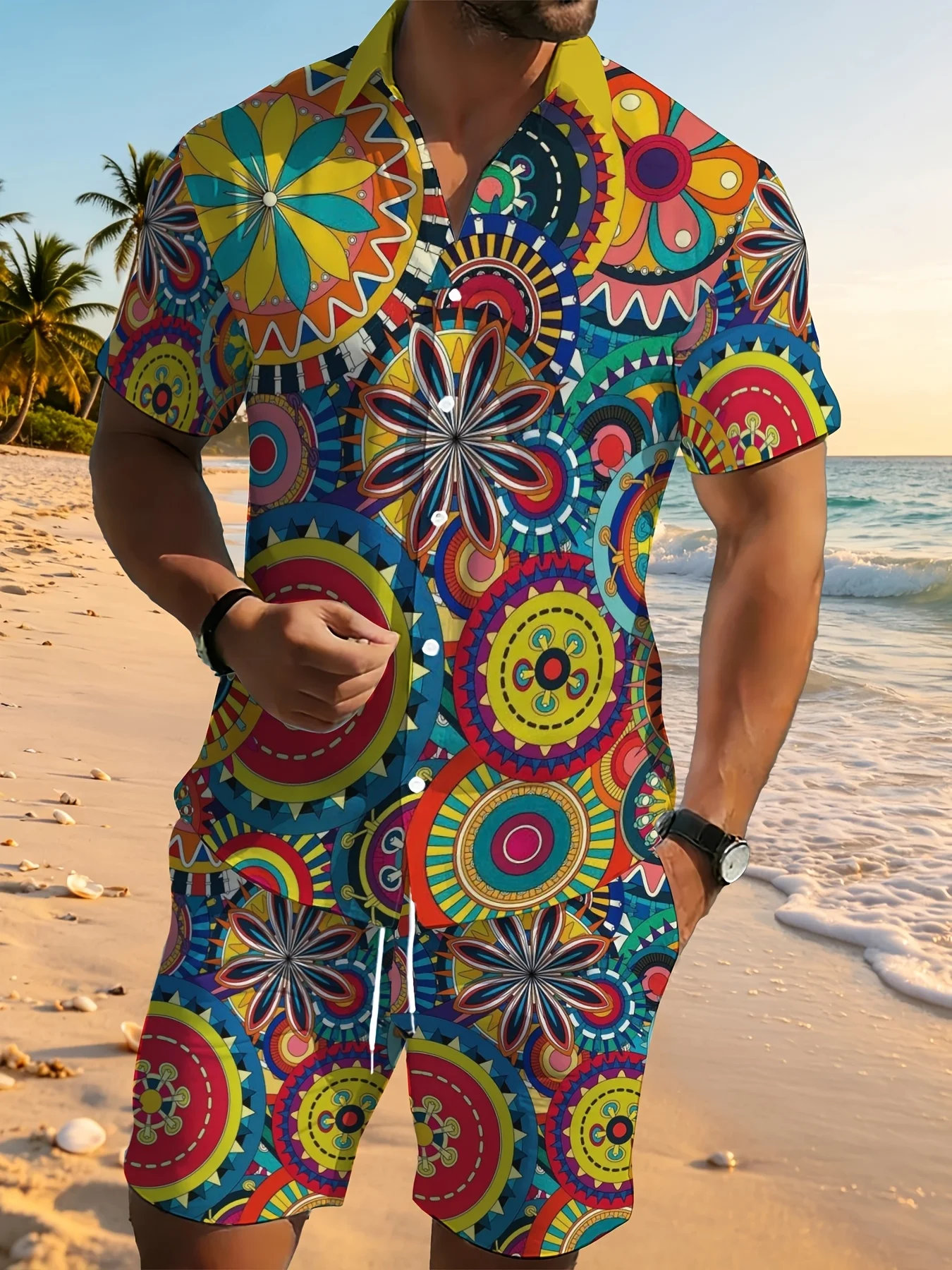 Colorful Boho Pattern Mens Matching Set Lapel Button Shirt Elastic Waist Shorts Summer Vacation Outfit view 3
