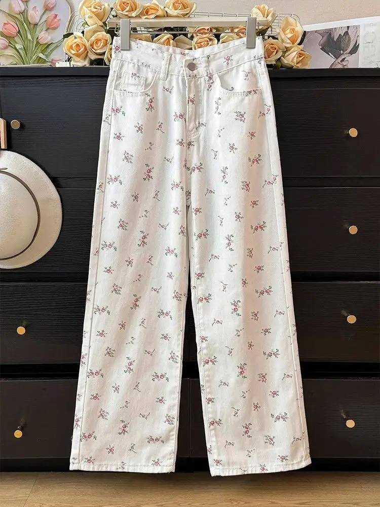 

Свободные джинсы с цветочным принтом для женщин, весна-осень, новая модная модель, с высокой талией, универсальные прямые брюки