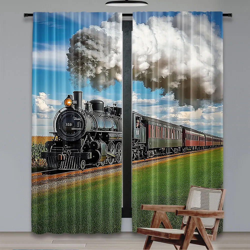 2Pcs Steam Engine Curtains Vintage Locomotive In Countryside Scenery Green Grass Train Living Room Bedroom