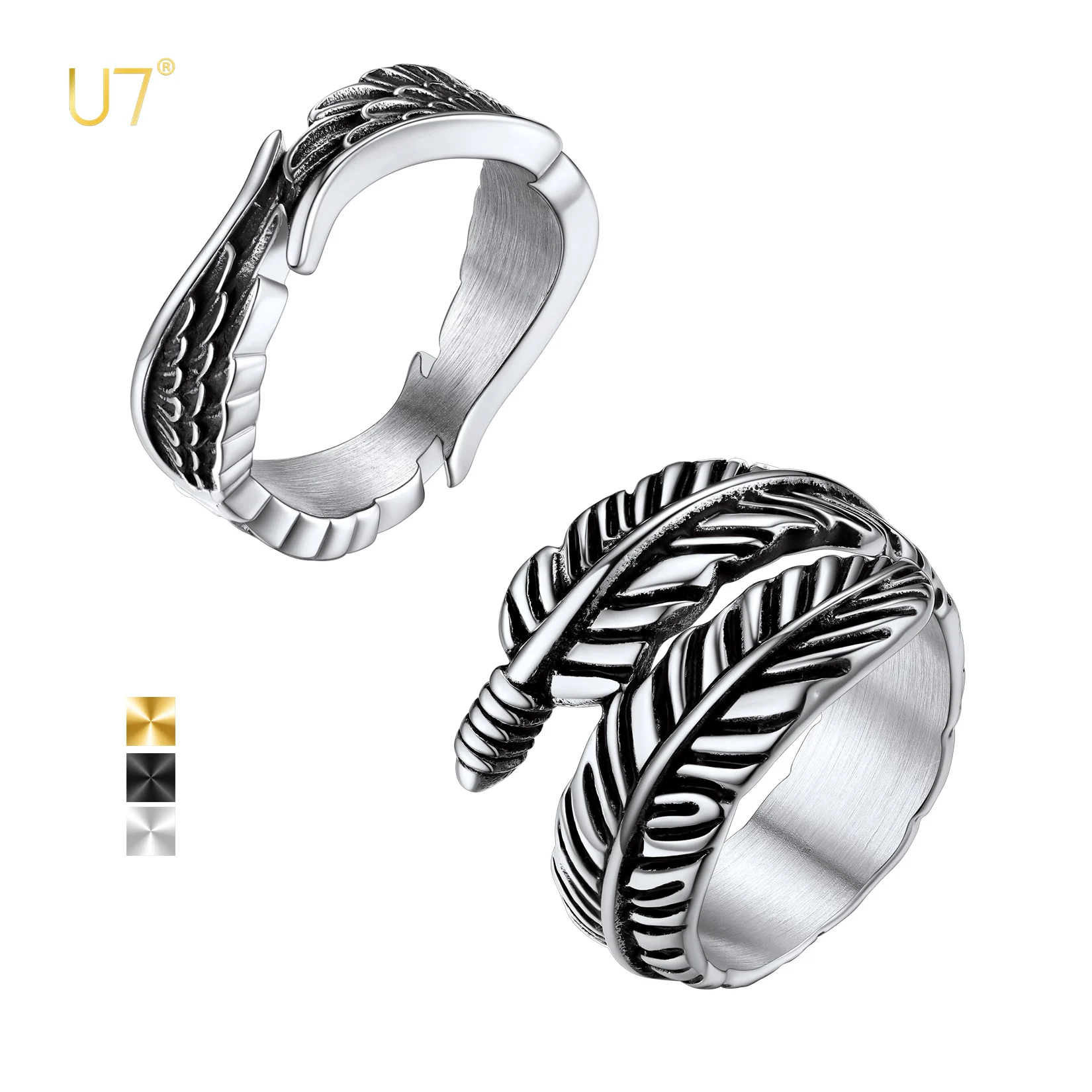 U7 Angel Wings Wrapped Feather Rings for Man Woman Sea Creature Animal Size 7-14 Retro Silver Color Stainless Steel Jewlery Gift