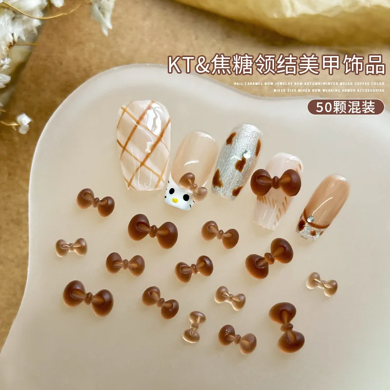 100PCS Matte Translucent Caramel Brown KT Bow Tie Resin Nail Art Rhinestones Decorations Manicure Warm Winter Autumn Ornaments