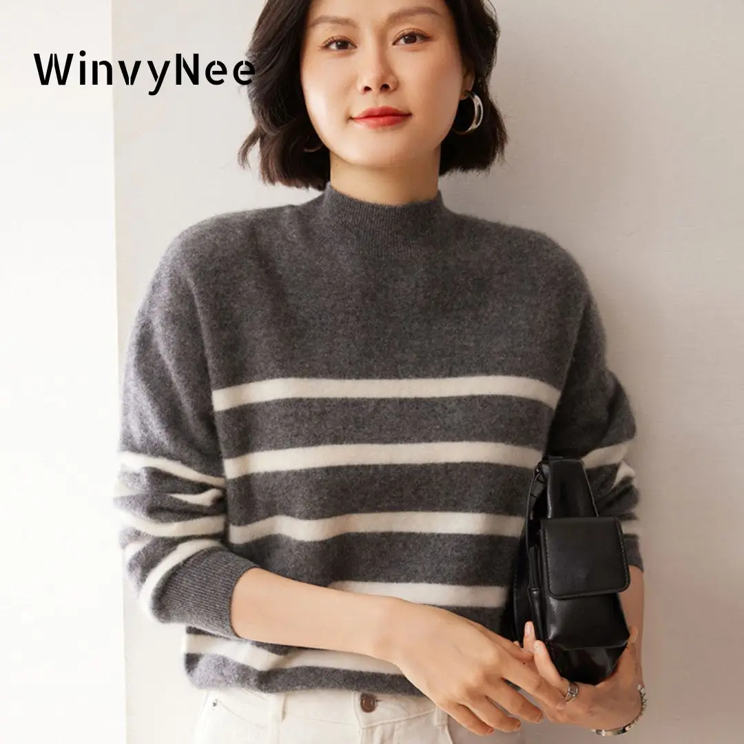 WinvyNee Women's Cashmere Wool Striped Sweater O Neck Long Sleeve Outerwears Blouse Warm Pullovers Tops Clothing Winter A1424002