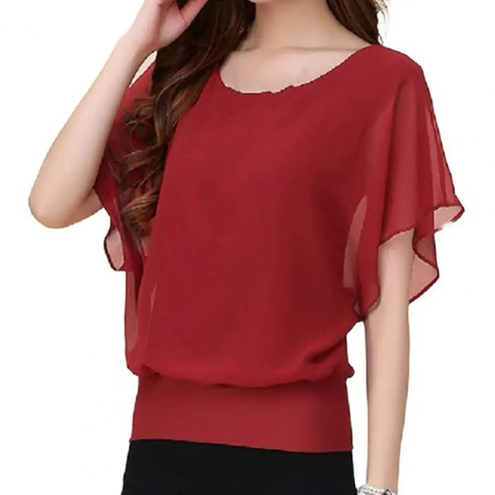 Blusa de gasa para mujer, Top de Color sólido con cuello redondo, jersey con manga de murciélago y volantes, Top de verano