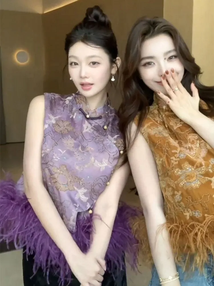 النمط الصيني الأنيق المرأة ستراند طوق سليم صالح الأزهار المطبوعة سترة أعلى ريشة تقسم السيدات الوقوف طوق صدرية خمر