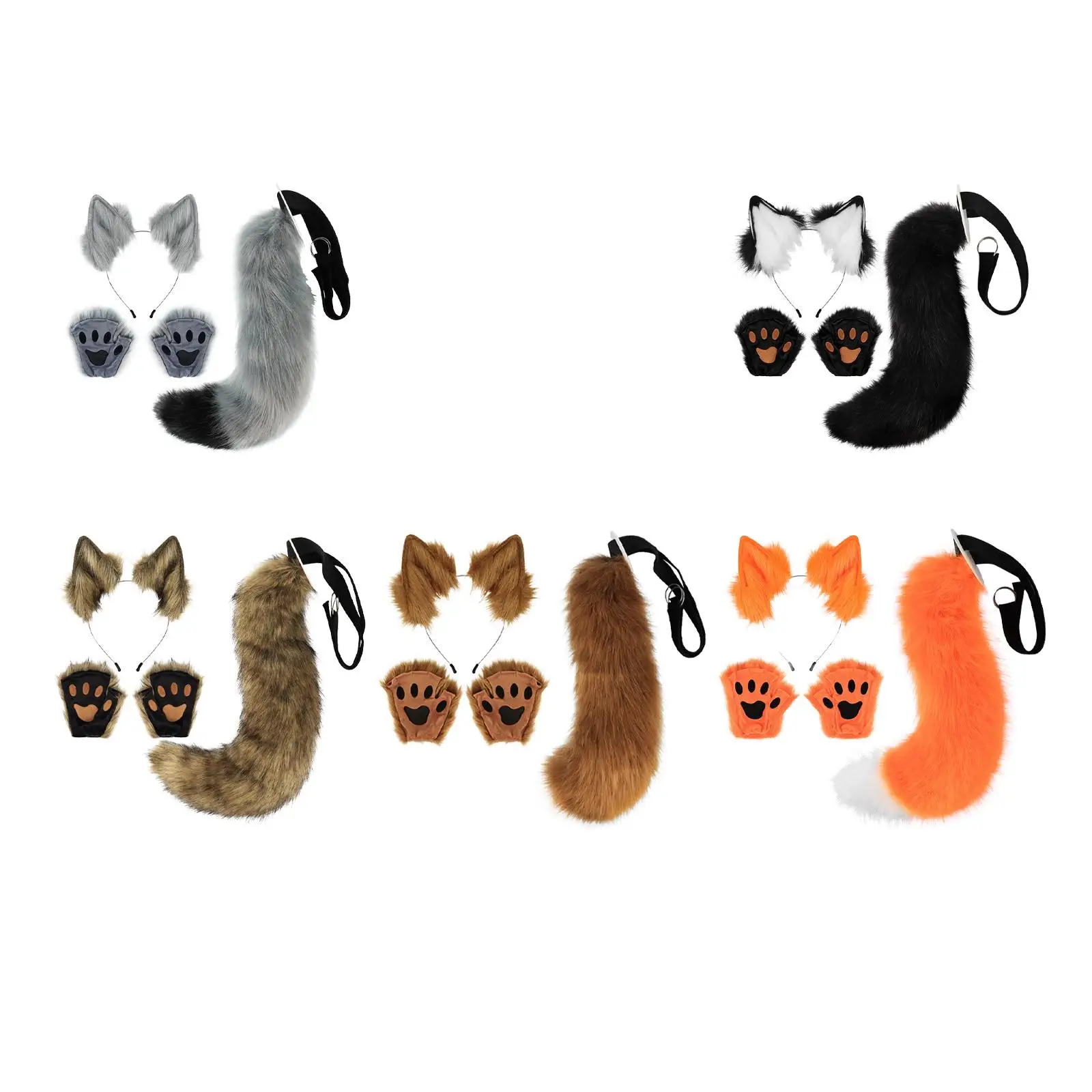 Ensemble Oreilles et Queue de Renard avec Gants, Longue Queue pour Costume de ixd'Halloween