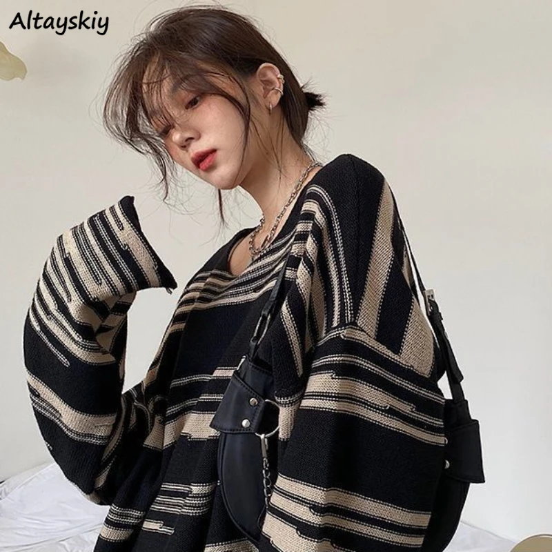 Pullovers Women Fashion Autumn O-neck Loose Female Zebra Striped Sweaters Knitted Casual Ulzzang Vintage Street Hip Hop Chic Ins