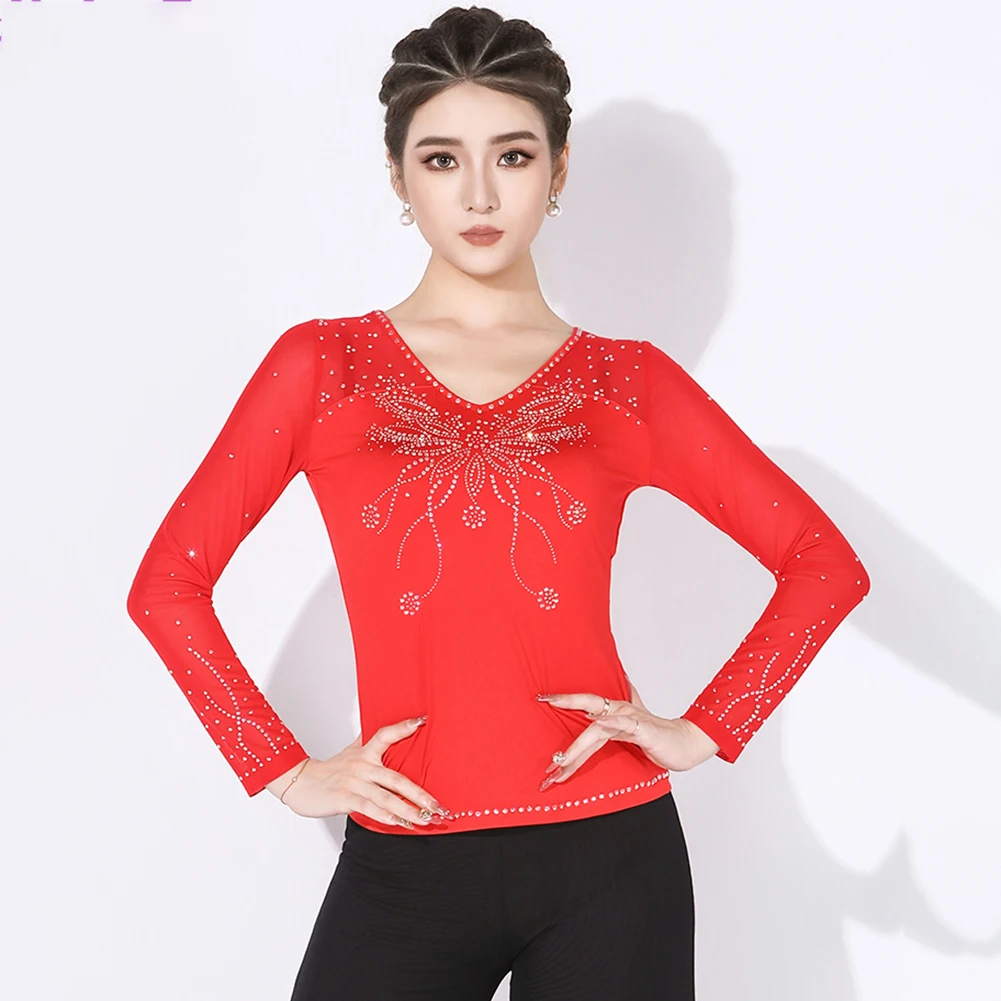 

Женский топ со стразами для латинских танцев, черный новый топ для взрослых, сексуальный красный топ с v-образным вырезом, профессиональный танец самбы
