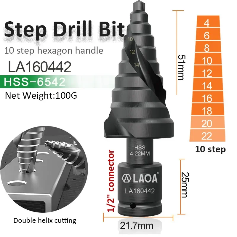 LAOA 1pc HSS-CO M35 Pagoda Step Drill Bit 3-13mm 4-22mm 4-32mm Hex Triangle Spiral Grooved Wood Metal Hole Cutter Drilling Tools