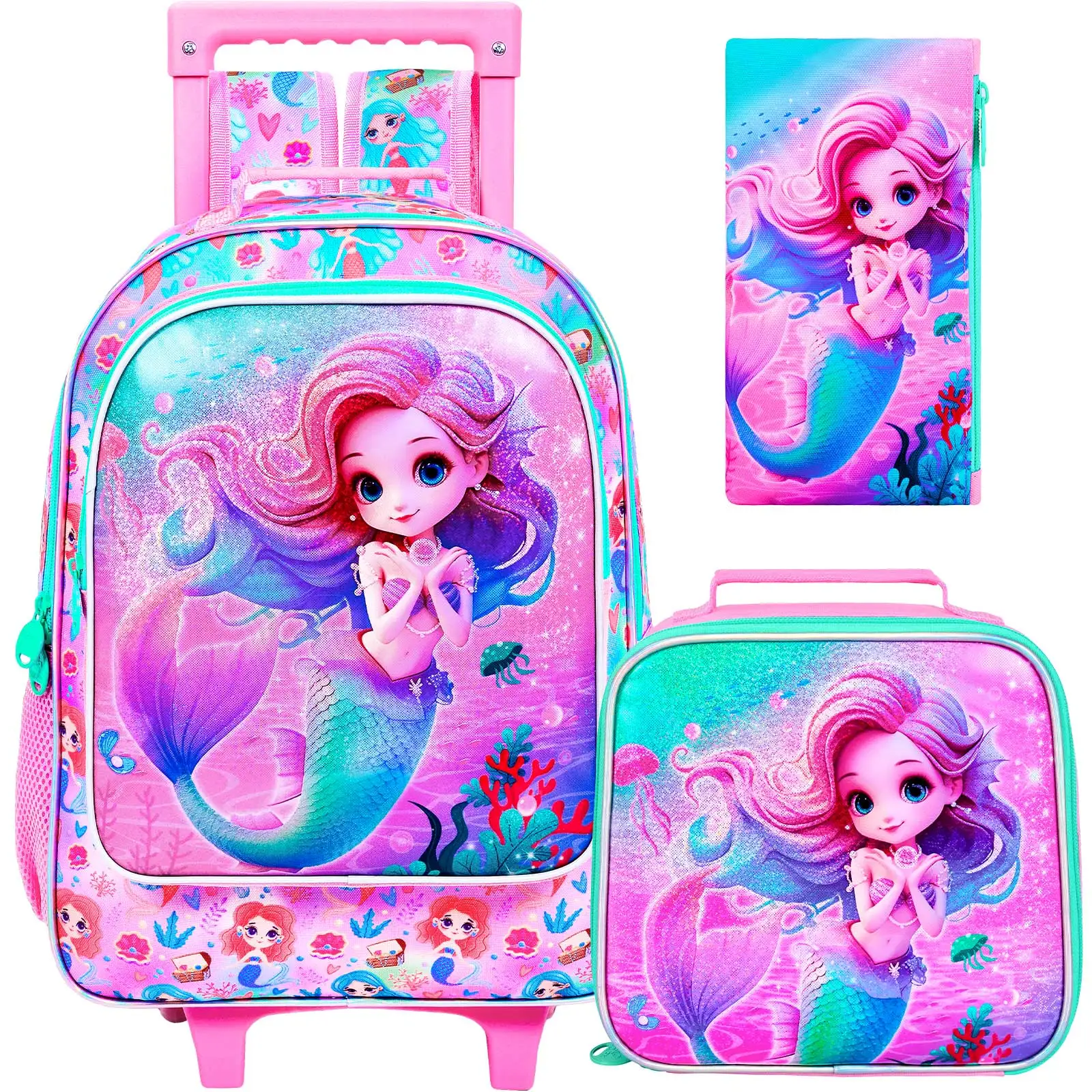 

4PCS Girls Rolling Backpack, Cute Kids Mermaid Wheeled Bookbag，Roller School Bag with Wheels for Elementary Preschool Travel