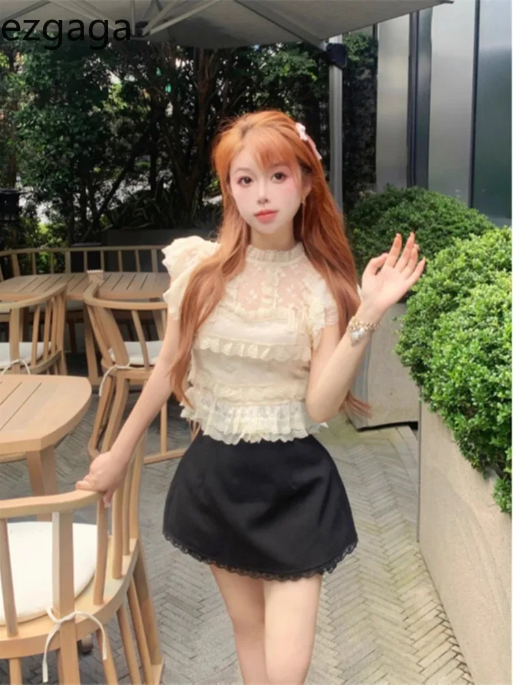 Ezgaga Sweet Elegant Shirts Women Lace Up Ruffles Patchwork Flying Sleeve Sexy Crop Tops Slim Summer Fashion Blouse Casual