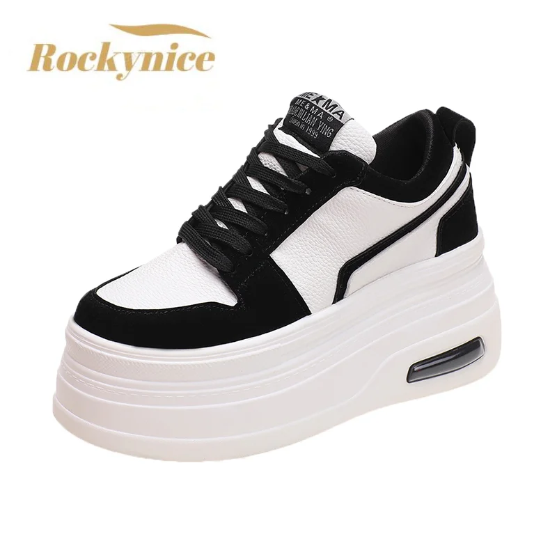 Chunky Leather Sneakers Women 2023 Spring Thick Sole High Platform Casual Shoes Woman 8CM Wedge Heels Skateboard Vulcanize Shoes