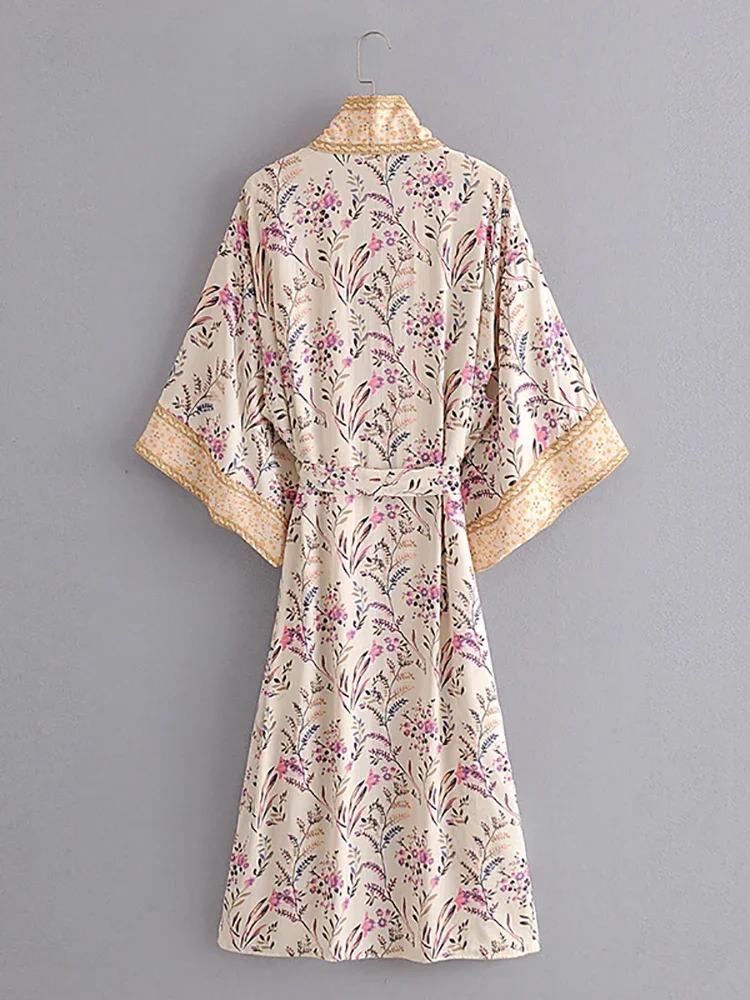 Print Bloemen Strand Kimono Badmode Met Sjerpen Katoen Slank Boheems Vakantie Lang Vest Sexy Groen Cover-Up Sale
