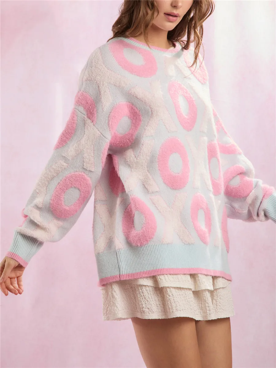 Women\'s Valentine\'s Day Knit Sweater Sweet Letter Heart Jacquard Long Sleeve Round Neck Pullovers Tops Autumn Spring Knitwear