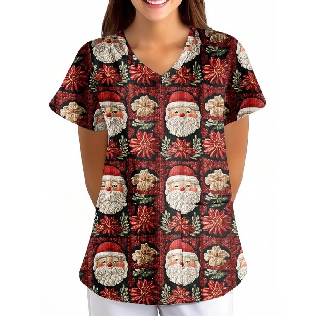 Christmas Women's V-Neck Fashionable Casual Nurse Uniform Women Sleeved Short Christmas Tree Printed Comfortable Work Uniform
