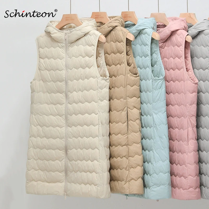 Schinteon Damen-Weste, ultraleicht, 90 % weiße Entendaunen, lange Weste mit Kapuze, lässig, Herbst und Winter, warm, hochwertige Weste, 2025, neu