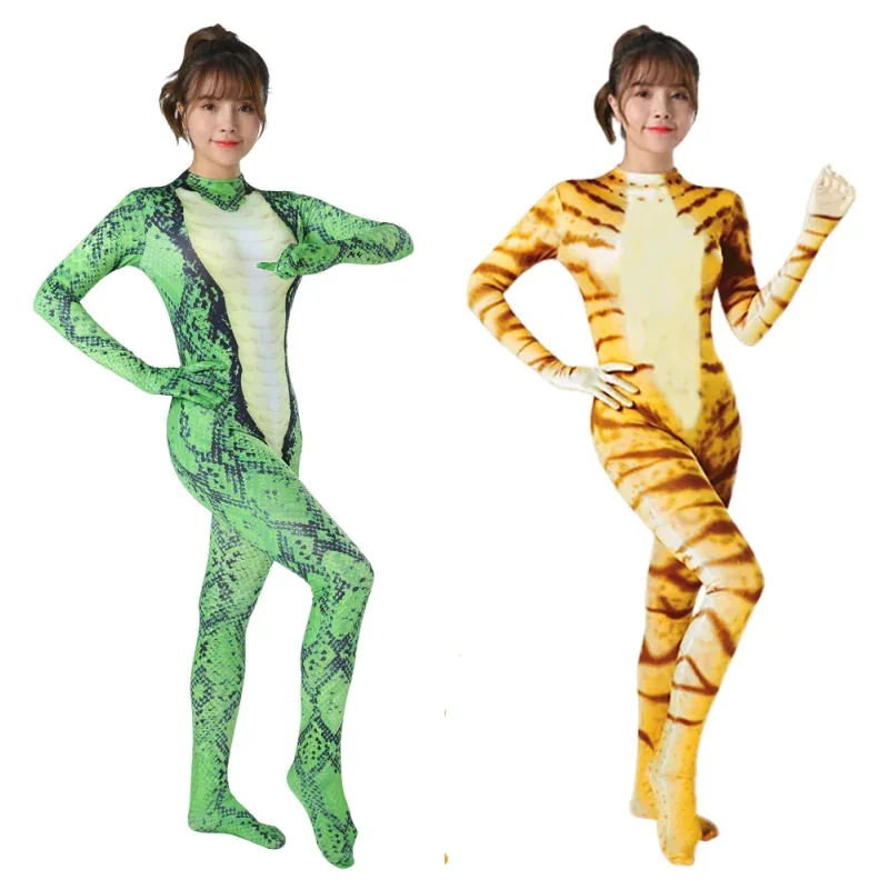 Cosplay Animal Women Jumpsuit Tiger Snake 3D Print Halloween Carnival Party Spandex Zentai Full Bodysuit Cosplay Costume Outfit