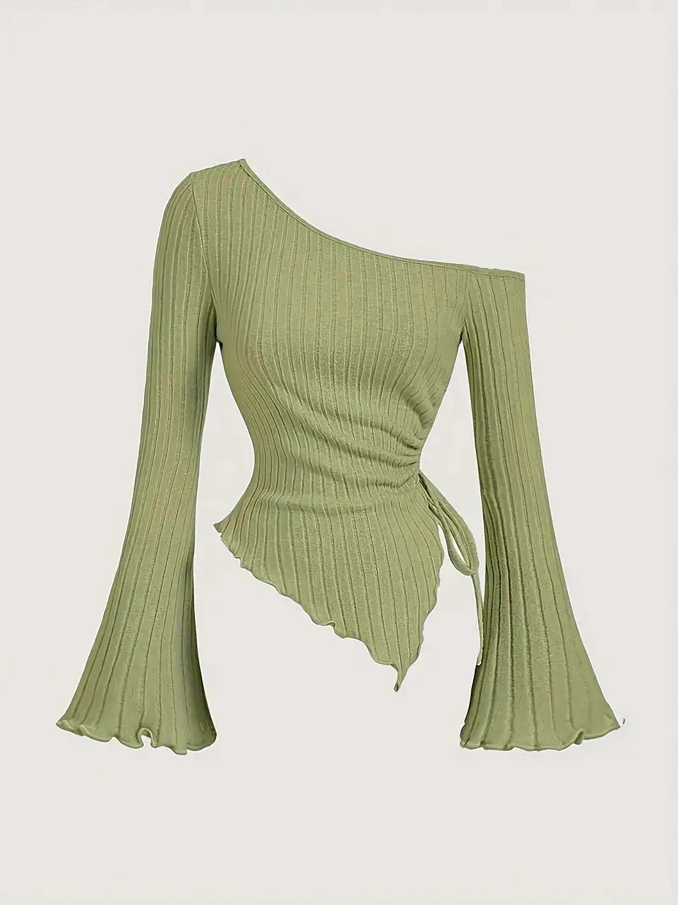 2026 NewWomen's Elegant One Shoulder T-Shirt Asymmetrical Side Drawstring Fashion Bell Sleeve T-shirt