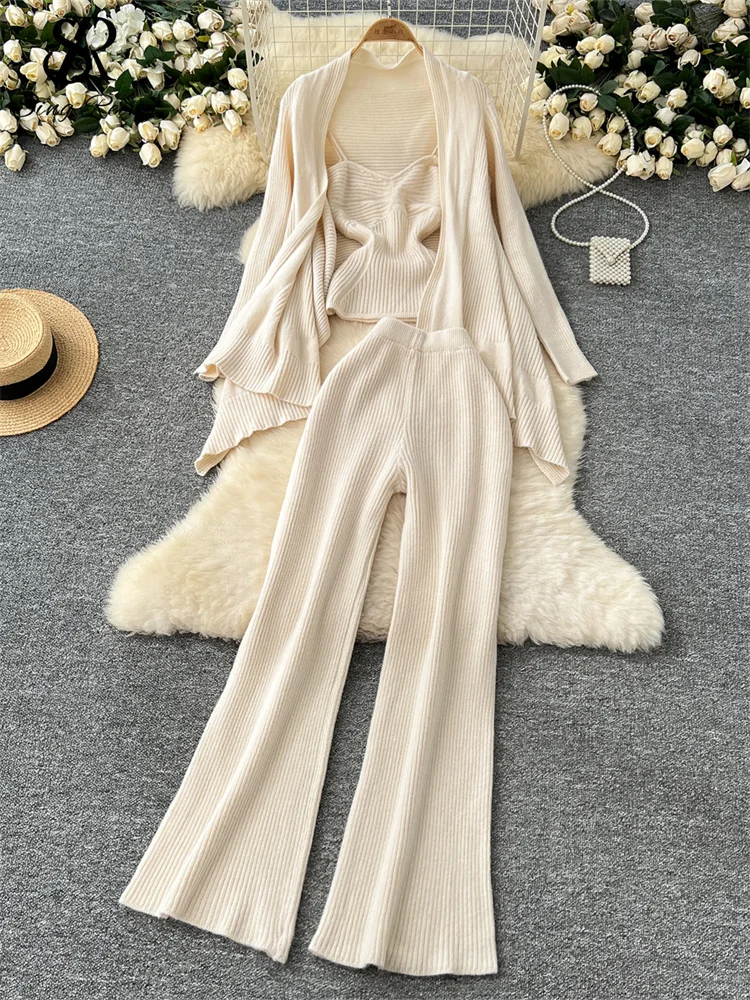 SINGREINY Senior Fashion Knit Sets Ladies Hotsweet Sling Mini Tops+Long Sleeve Cardigan+Elastic Wide Legs Pants Sweater Suits