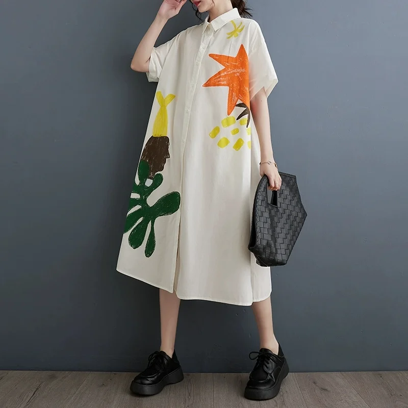 2025 Nowy duży rozmiar Wiosna Lato Koreański luźny nadruk Bluzka Kobiety Dorywczo Krótki rękaw Długi kardigan Koszule Sukienka Kobieca bluzka