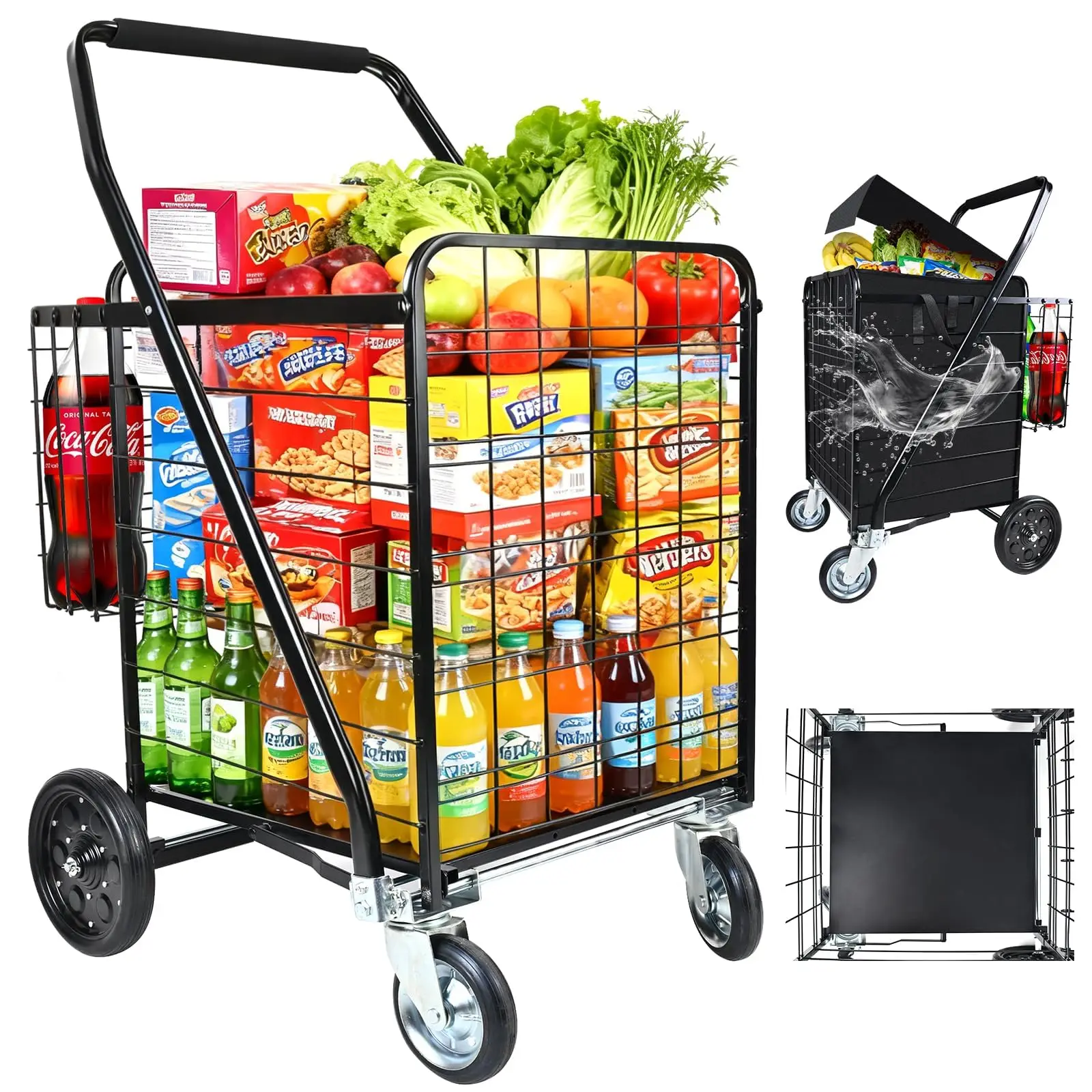 Folding Shopping Cart with Removable Waterproof Liner, 450LBS Capacity Grocery Cart with Dual Basket & 360° Swivel