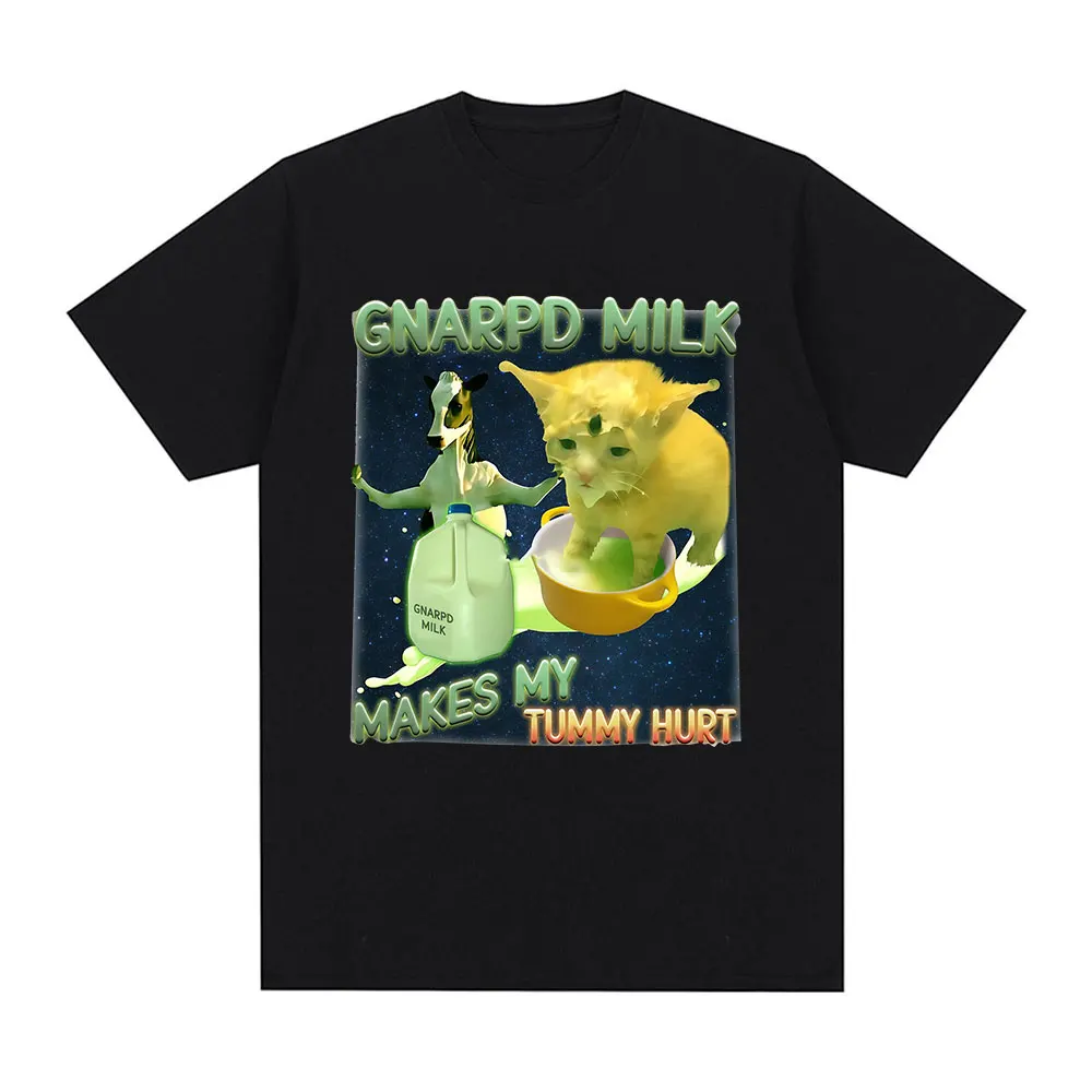 Gnarpd Milk Makes My Tummy Hurt Funny Alien Cat Brainrot Funny Meme T Shirt Men's Cotton Casual Short Sleeve T Shirts Streetwear