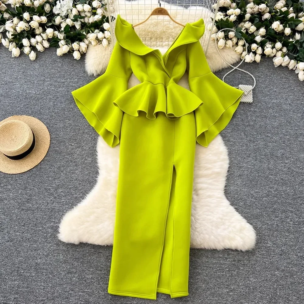 

Women V-neck Vintage Long Flare Sleeve Elegant Ruffles Slim Split Dresses French Fashion Evening High Street Autumn Clothing