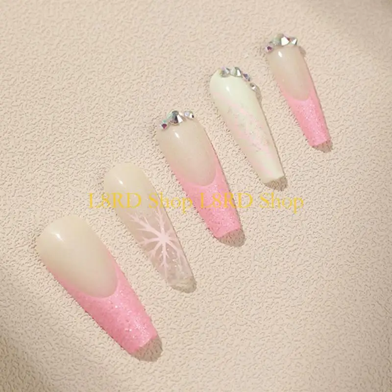 l8rd 24ピースフレンチチップネイルロングプレスオンネイルラインストーンデザインネイルグロー