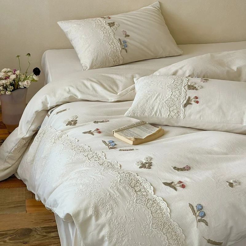 High End Cotton and Linen Four Piece Set Pure Cotton Duvet Cover Three-dimensional Embroidered Duvet Cover Bed Sheet Bedding