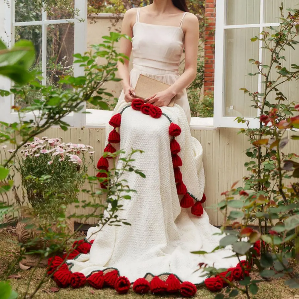 Selimut Rajutan Bunga Rajutan Selimut Buket Mawar Selimut Rajutan Lembut Bersirkulasi Aksen Bunga Dekoratif untuk Nyaman